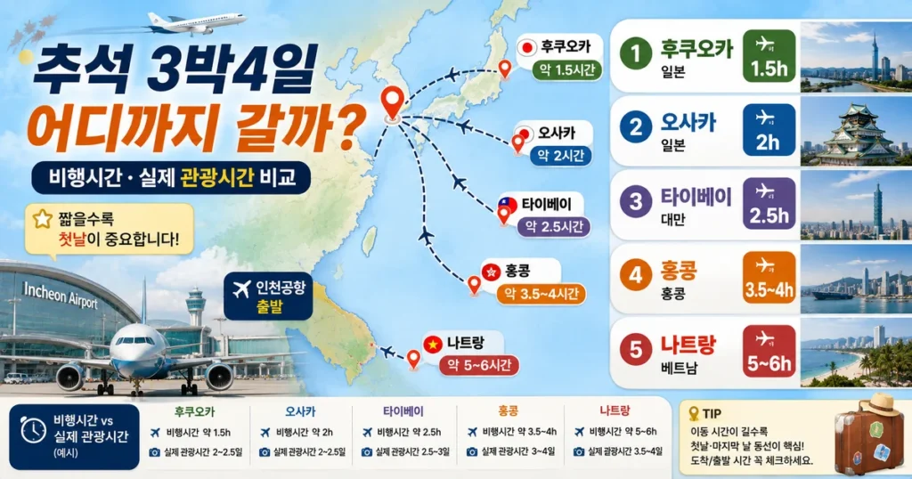 2026 추석 3박4일 해외여행 후쿠오카 오사카 타이베이 홍콩 베트남 비행시간 비교