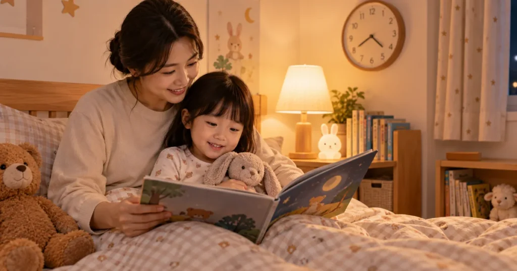 추석 연휴 뒤 보호자가 아이와 그림책을 읽으며 규칙적인 취침 루틴을 준비하는 모습