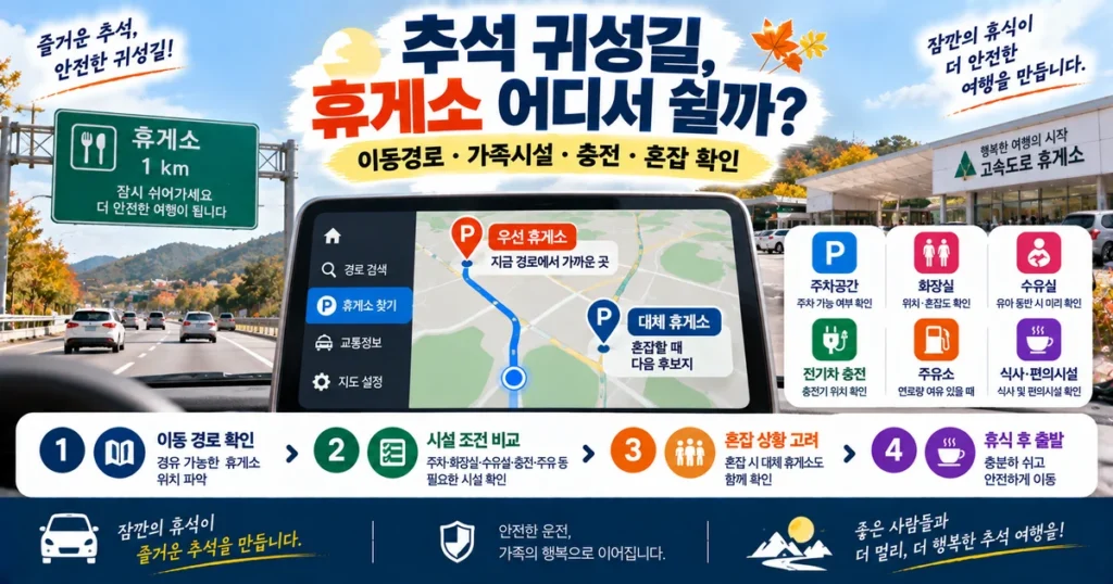 추석 귀성길 이동 경로에서 우선 휴게소와 대체 휴게소를 정하고 주차·가족시설·충전 여부를 확인하는 안내 이미지