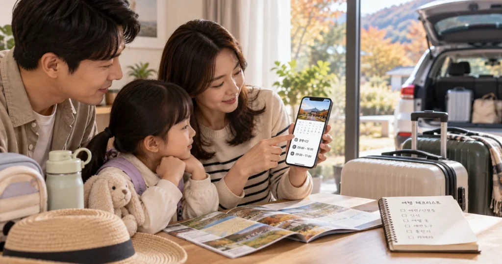추석 당일 여행을 떠나기 전 스마트폰으로 관광지 운영시간과 휴무를 확인하는 가족