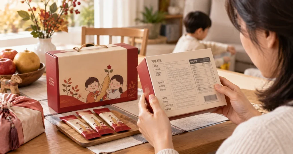 추석에 선물받은 어린이 홍삼의 건강기능식품 표시와 섭취 주의사항을 확인하는 모습