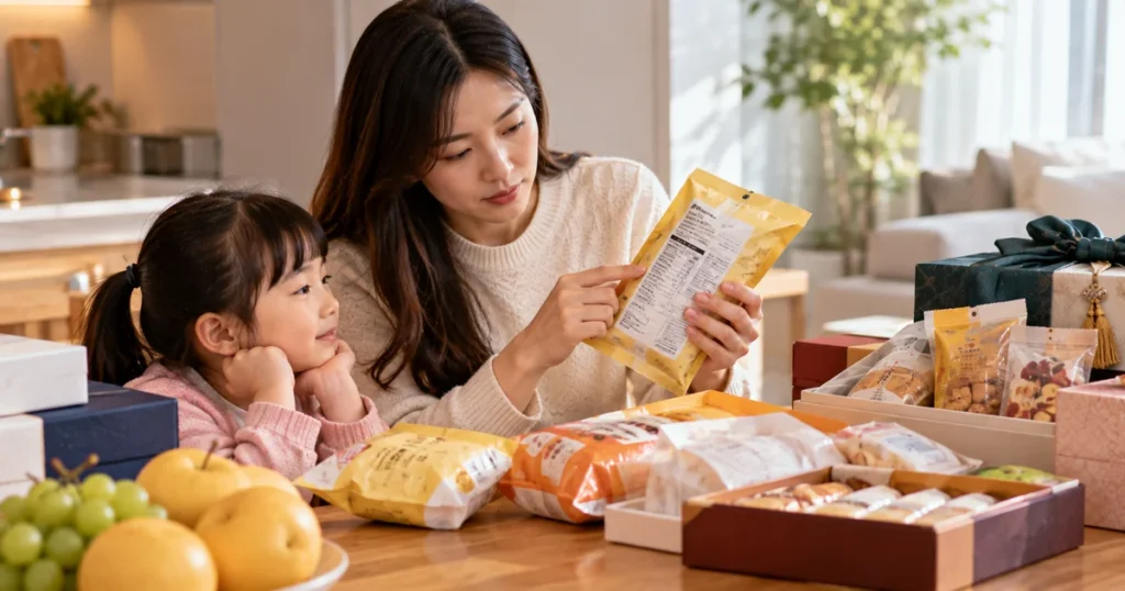 추석에 받은 어린이 간식 포장에서 소비기한과 알레르기 표시를 확인하는 부모