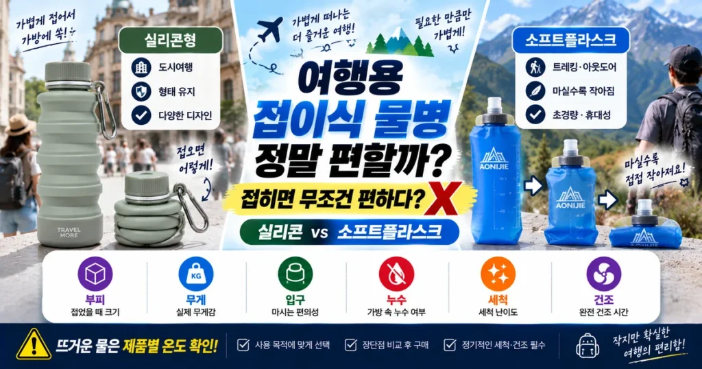 여행용 접이식 물병 실리콘 소프트플라스크 세척 누수 기내 빈 물병 비교