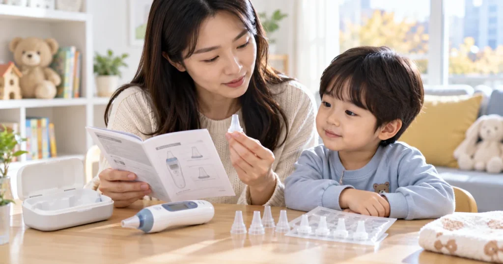 아이 귀체온계의 프로브 커버와 측정 위치를 확인하는 보호자