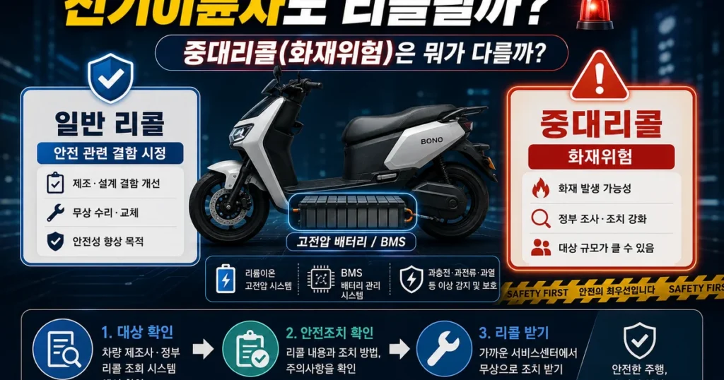 전기이륜차 고전압 배터리 중대리콜 화재위험과 일반 리콜 차이