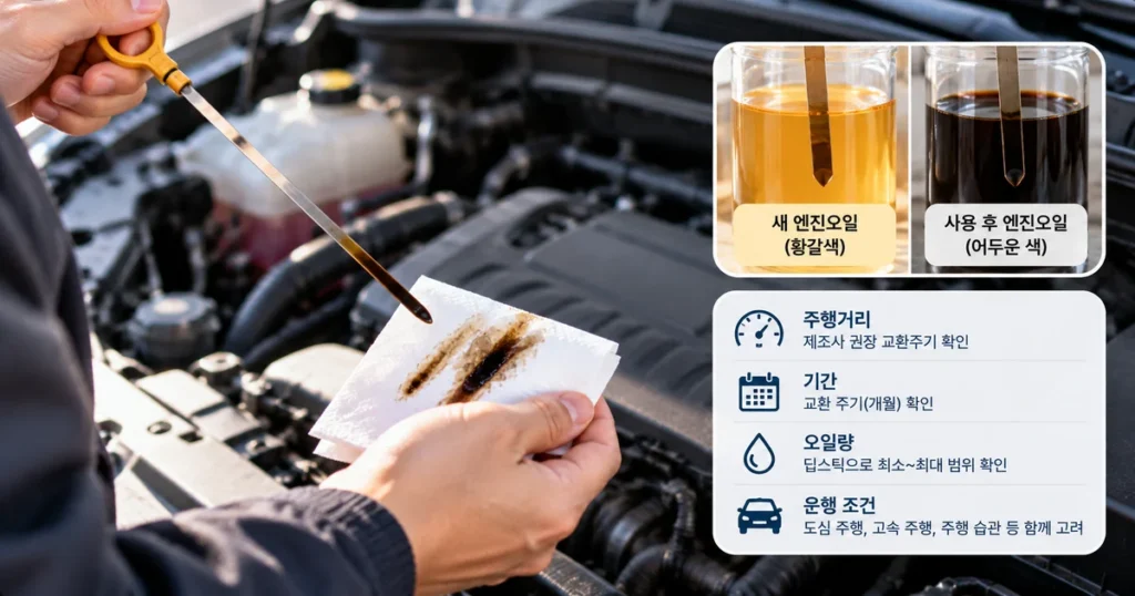 엔진오일 교환 후 딥스틱의 검어진 오일 색과 오일량을 함께 확인하는 모습
