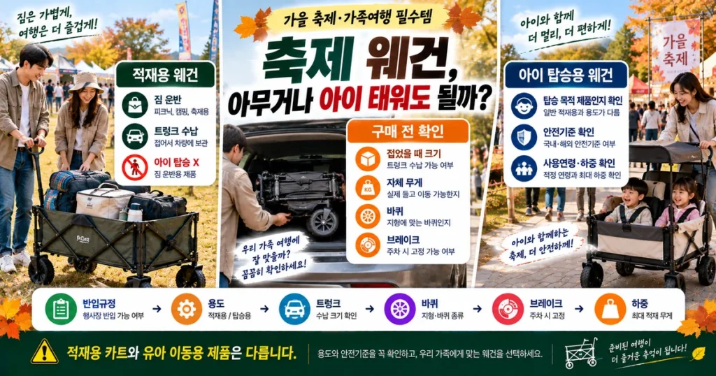 가을 축제에서 접이식 웨건으로 짐을 옮기는 가족과 적재용·아이 탑승용 웨건 차이