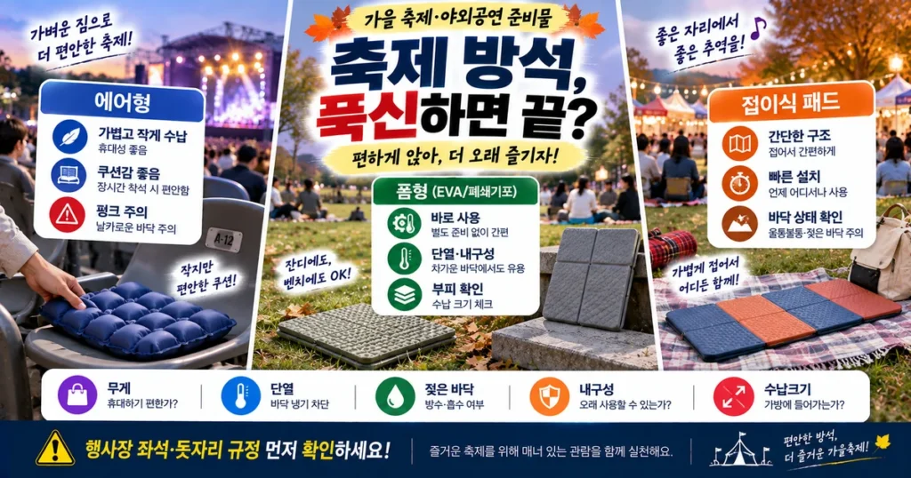 가을축제에서 사용하는 에어형 폼형 접이식 휴대용 방석 비교