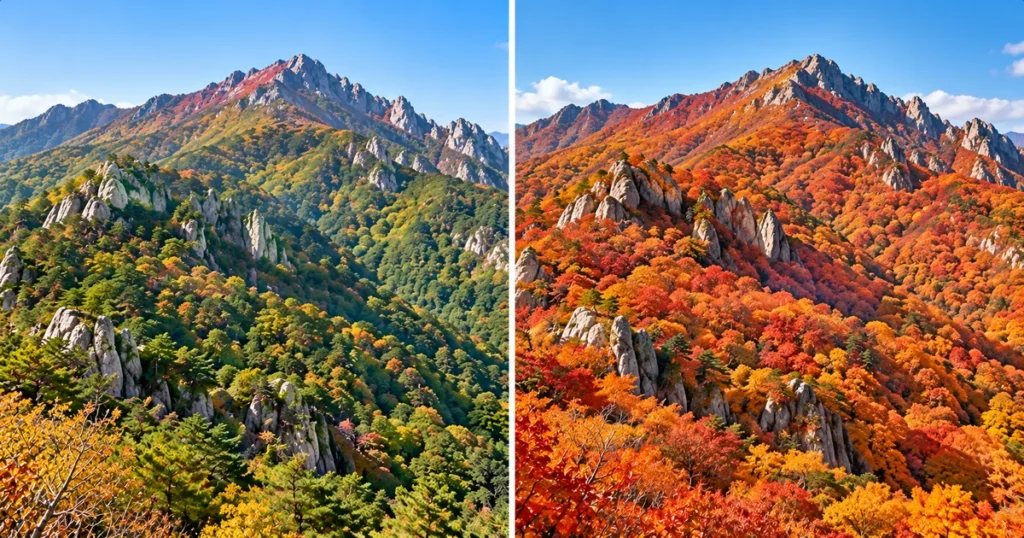 산 정상부터 약 20% 물든 첫 단풍과 산 전체 약 80% 물든 단풍 절정을 비교한 가을 산 풍경