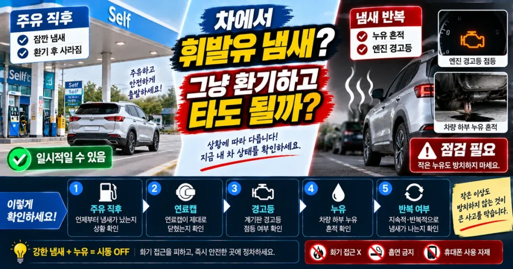 자동차에서 휘발유 냄새가 날 때 주유 직후 냄새와 연료 누유 및 엔진 경고등을 구분하는 방법