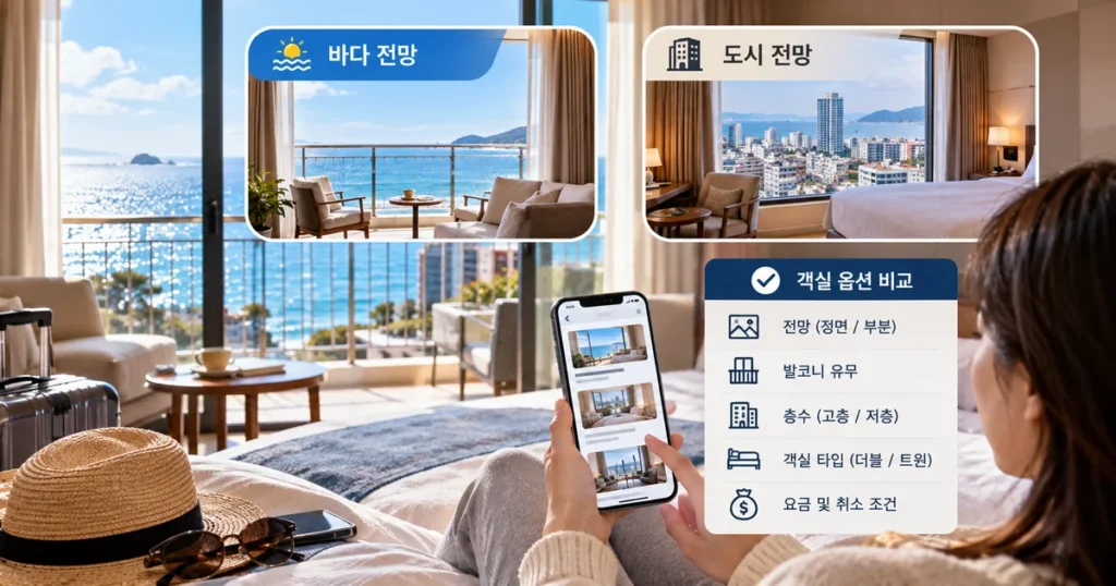호텔 오션뷰와 시티뷰 객실 전망을 비교하며 창문과 발코니 조건을 확인하는 모습