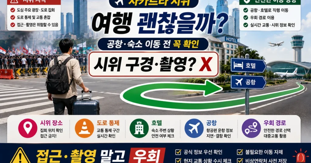 2026 자카르타 시위 인도네시아 여행 안전 공항 숙소 도로통제 우회