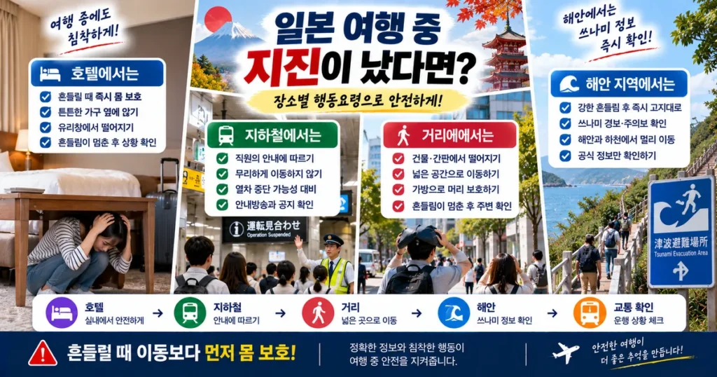 일본 여행 중 지진 발생 시 호텔 지하철 거리 해안에서 대피하는 방법