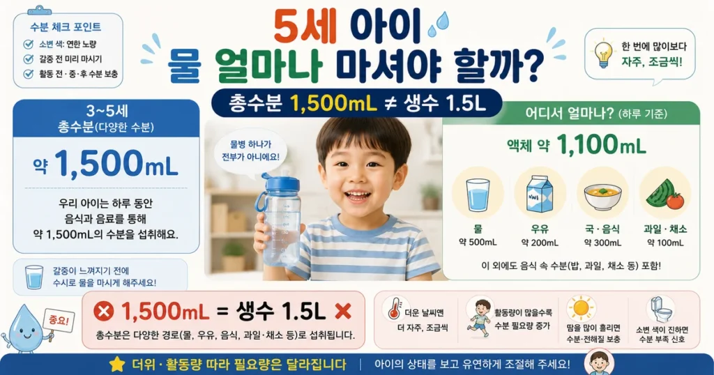 5세 아이 하루 물 섭취량 총수분 1500mL와 액체 1100mL 차이