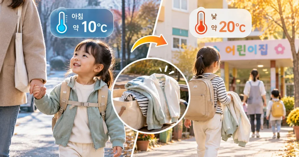 아침 10도 낮 20도 환절기에 얇은 긴팔과 가벼운 겉옷을 겹쳐 입은 아이
