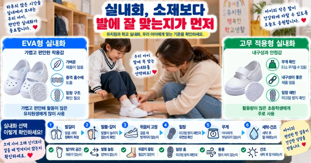 어린이 실내화 EVA 고무 소재와 발볼 뒤꿈치 고정 밑창 미끄럼 세척 기준 비교