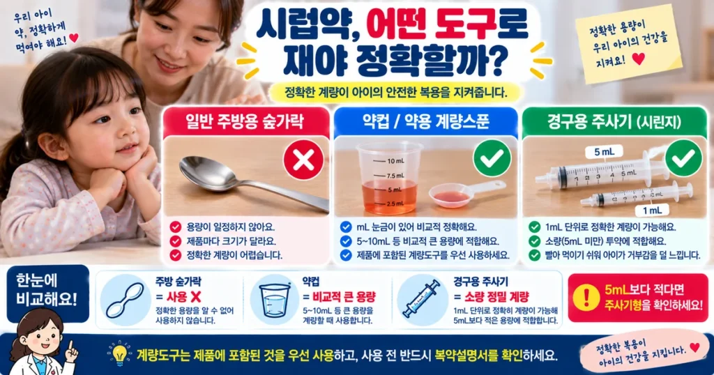 아이 시럽약 계량에 사용하는 약컵 계량스푼 경구용 주사기 비교