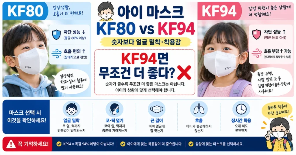 5세 어린이 마스크 KF80 KF94 입자 차단 성능 호흡 편의 얼굴 밀착 비교