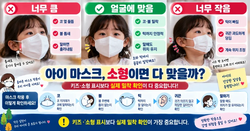 어린이 마스크 사이즈를 코 볼 턱 밀착과 귀끈으로 확인하는 방법