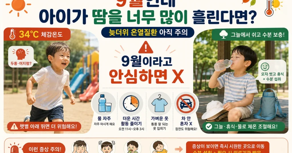 9월 늦더위 어린이 온열질환 땀 두통 어지럼 수분섭취 야외활동 주의