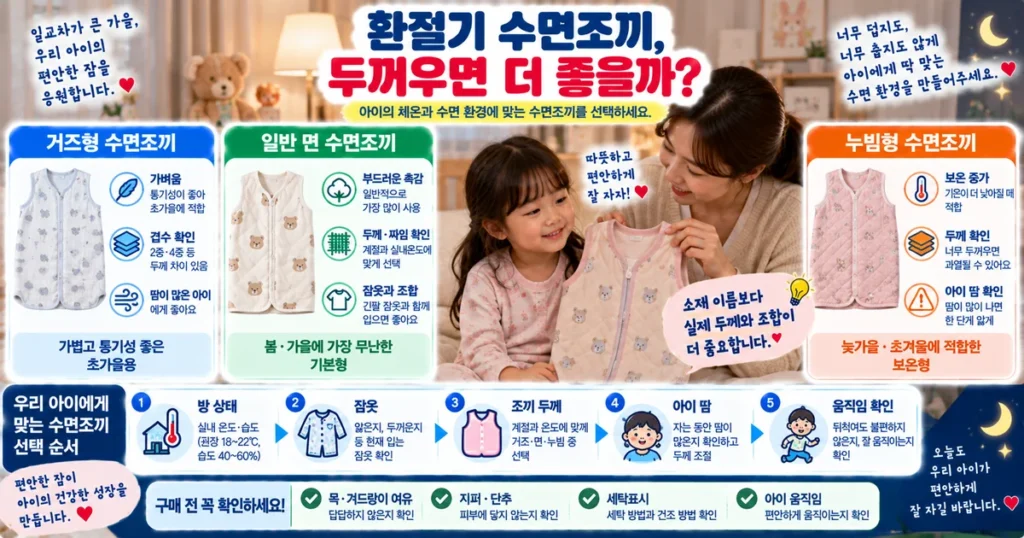 환절기 어린이 수면조끼 면 거즈 누빔 소재와 잠옷 조합을 비교하는 모습