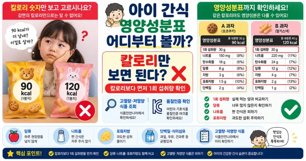 어린이 간식 영양성분표 1회 섭취량 당류 나트륨 포화지방 고열량 저영양 식품 확인