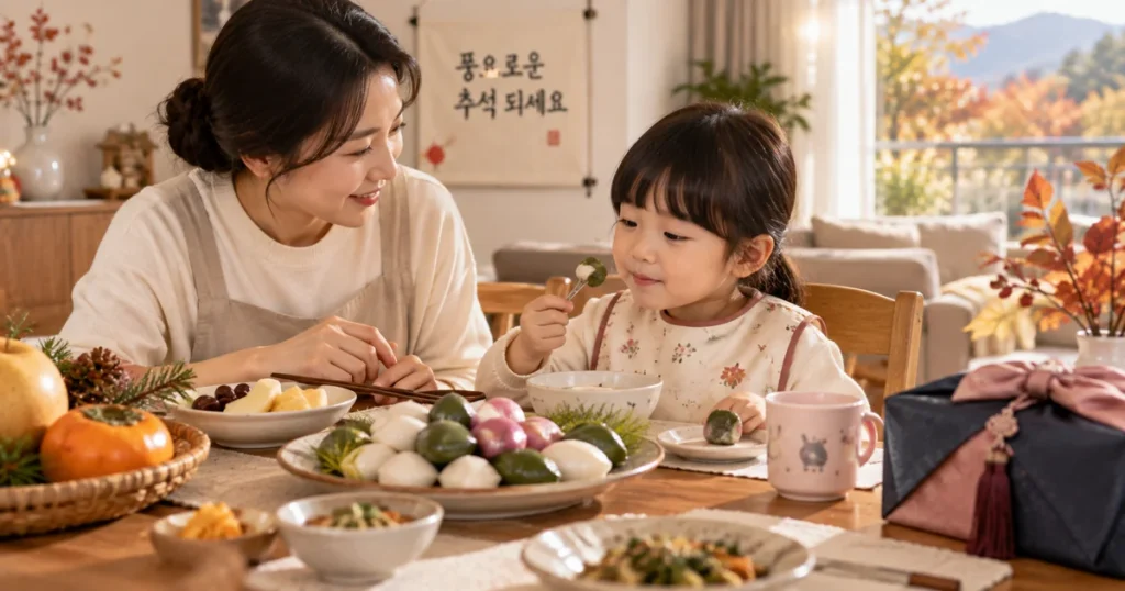 추석 식탁에서 보호자가 아이의 송편 섭취와 질식 위험을 살피는 모습