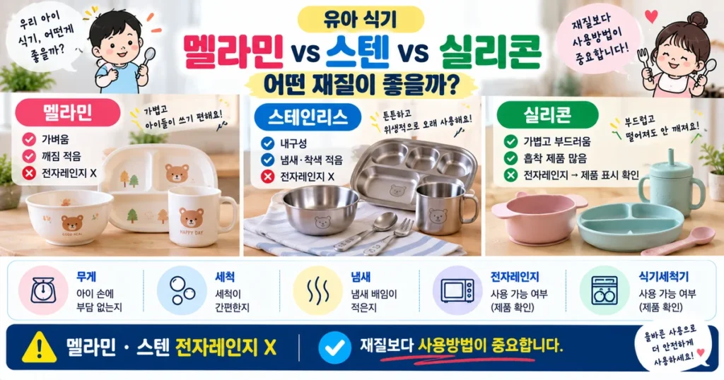 어린이 식기 멜라민 스테인리스 실리콘 전자레인지 세척 재질별 차이