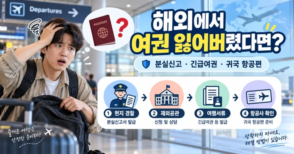 해외에서 여권을 분실한 여행자가 경찰 신고부터 재외공관 연락, 여행서류 발급, 항공사 확인까지 진행하는 순서도