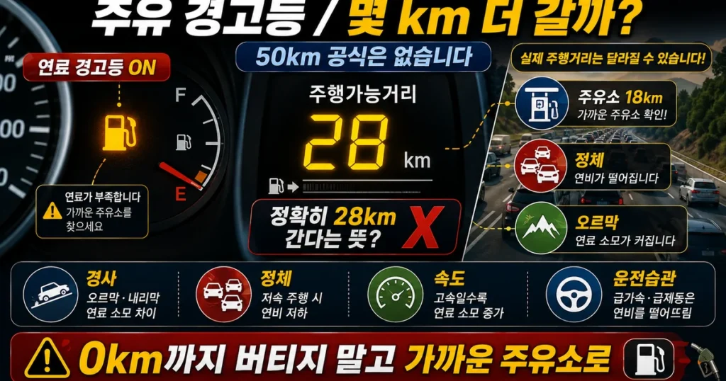 자동차 주유 경고등과 주행가능거리 0km 표시 및 연료 부족 시 대처 방법