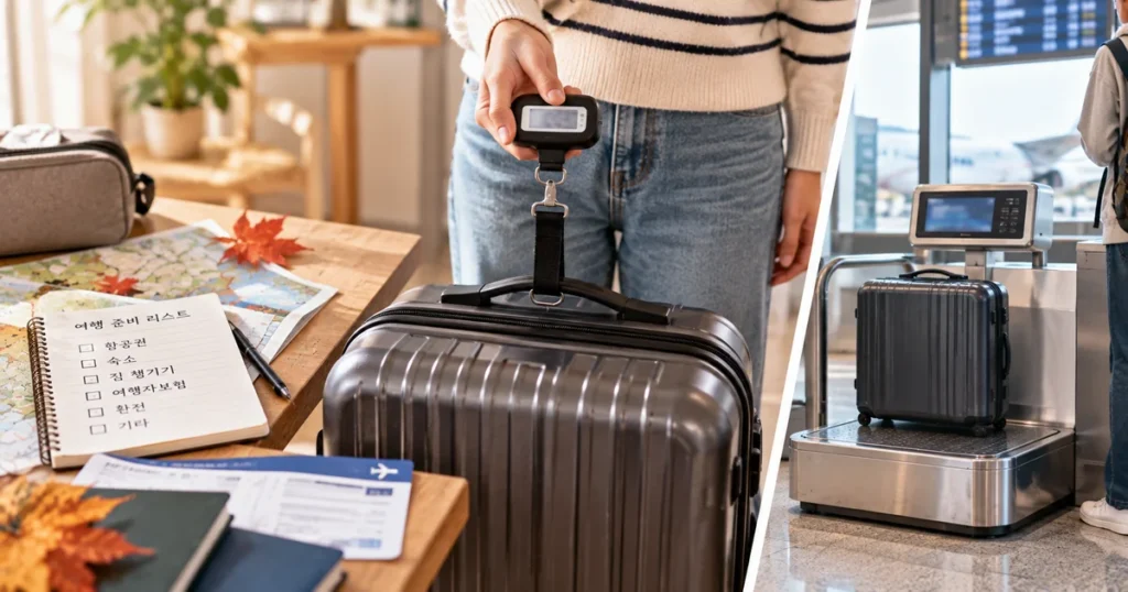 여행객이 휴대용 캐리어 저울로 짐을 반복 측정하며 공항 수하물 무게를 준비하는 모습