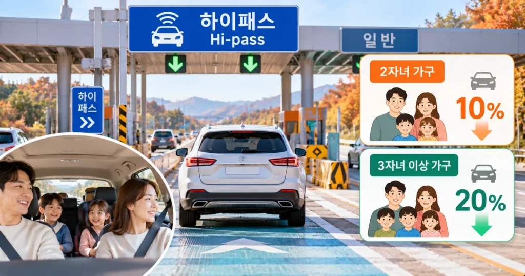 아이 둘 이상 다자녀 가구가 주말 고속도로 하이패스 통행료 할인 조건을 확인하는 모습