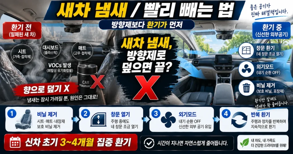 새차 냄새 원인인 신차 내장재 VOC와 창문 환기 외기모드 비닐 제거 방법