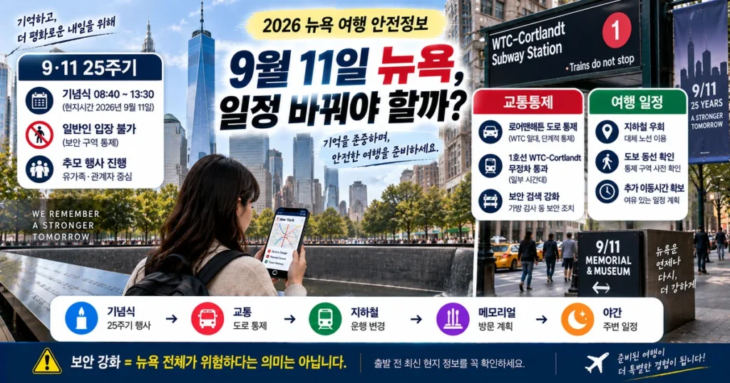 9·11 25주기 뉴욕 로어맨해튼 교통통제와 9/11 메모리얼 방문 정보를 확인하는 여행자