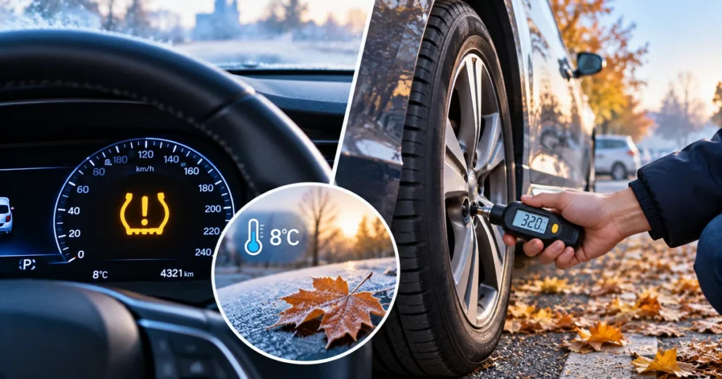 10월 추운 아침 자동차 계기판에 TPMS 경고등이 켜지고 타이어 공기압을 확인하는 모습