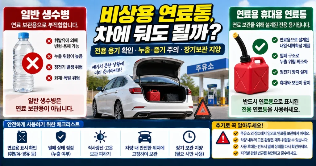 일반 생수병과 연료 전용 휴대용 연료통의 차이 및 차량 보관 주의사항을 비교한 그림
