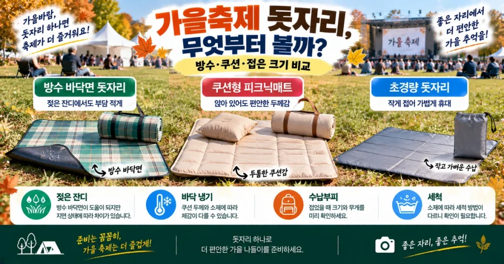 가을 잔디밭에 펼친 방수형 쿠션형 초경량 휴대용 돗자리 비교 이미지