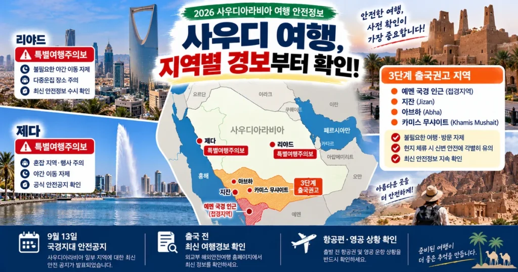 2026 사우디 여행경보 리야드 제다와 예멘 국경 출국권고 지역 비교