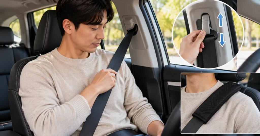 자동차 안전벨트 패드를 달기 전 어깨띠 높이와 착용 위치를 확인하는 운전자