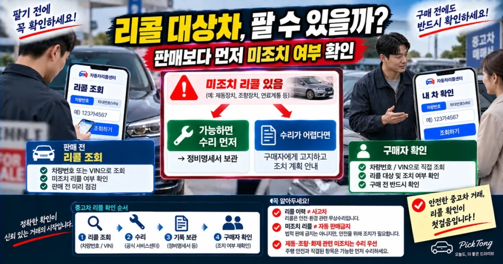 리콜 대상 자동차를 중고차로 판매하기 전 미조치 리콜 확인과 수리 기록 및 구매자 확인 절차