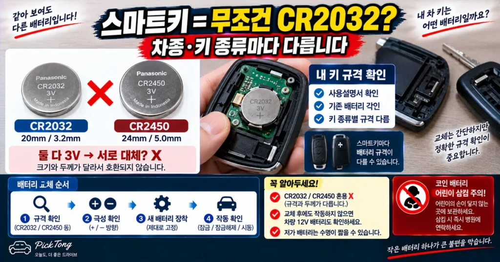 자동차 스마트키 배터리 CR2032와 CR2450 규격 차이 및 극성을 확인해 교체하는 방법
