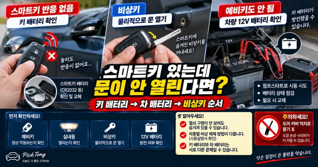 스마트키로 자동차 문이 열리지 않을 때 스마트키 배터리 차량 12V 배터리와 비상키를 확인하는 순서