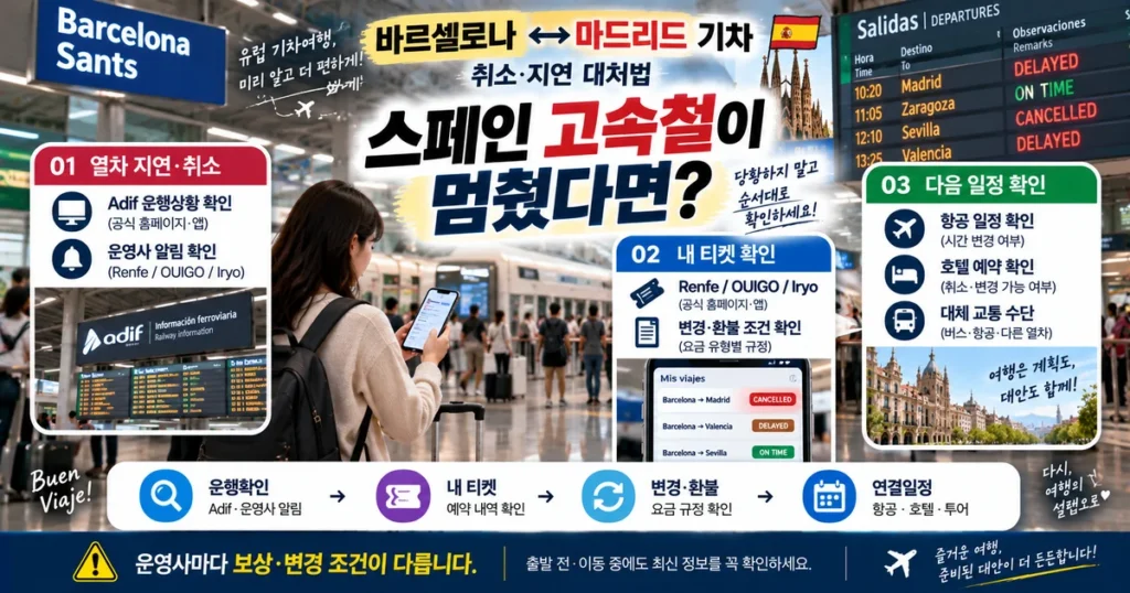 스페인 바르셀로나 마드리드 고속철 취소 지연 시 운행 확인과 대체교통 대처방법