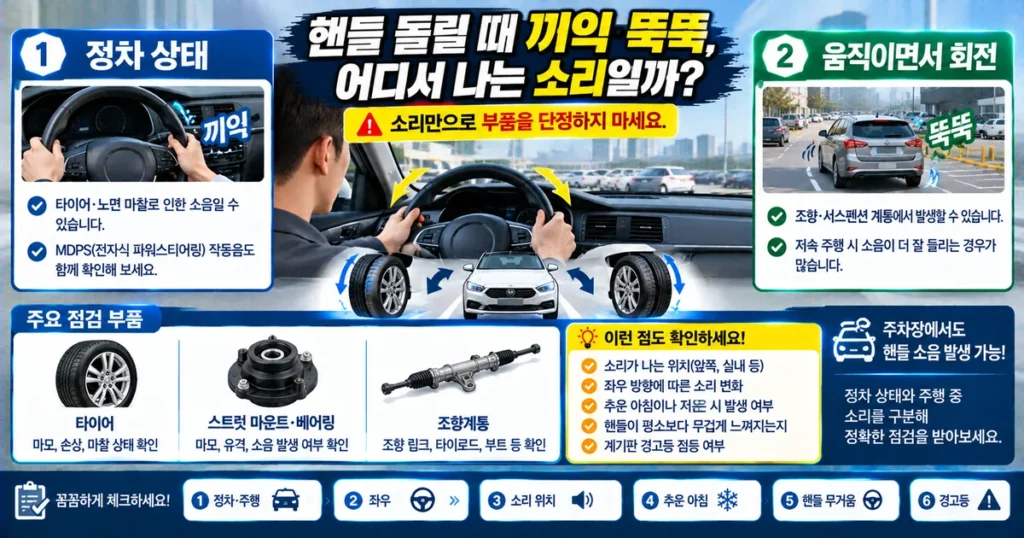 주차 중 핸들 돌릴 때 끼익 뚝뚝 소리가 나는 원인과 점검 순서