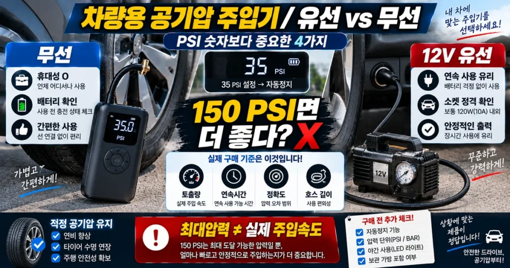 차량용 타이어 공기압 주입기 무선 배터리형과 12V 유선 컴프레서의 토출량 연속사용시간 차이