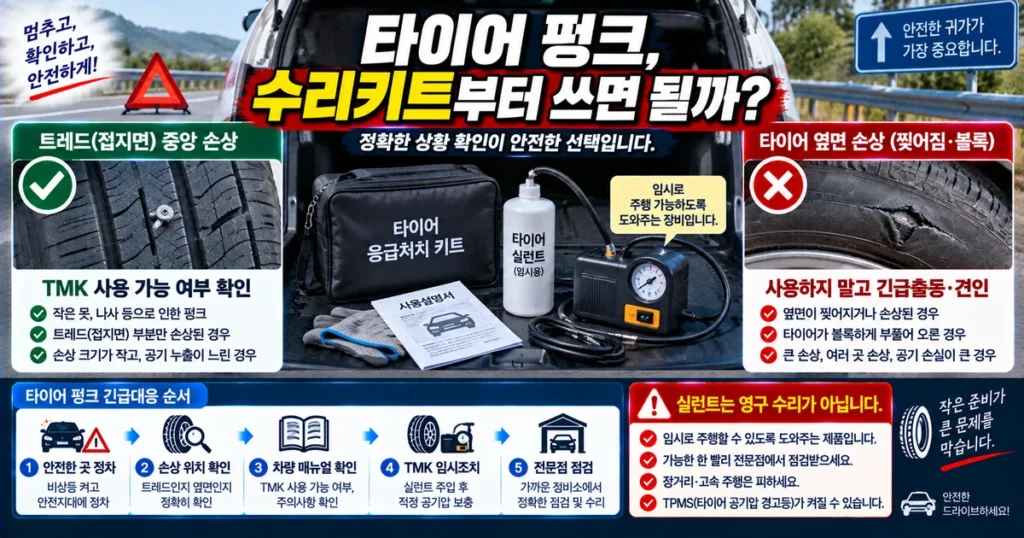 스페어타이어 없는 차량의 타이어 수리키트 실런트 컴프레서 사용 조건