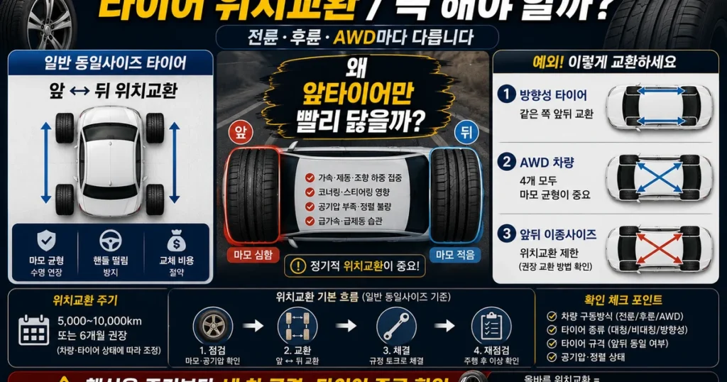 자동차 타이어 위치교환과 전륜 후륜 AWD 방향성 타이어별 교환 방법