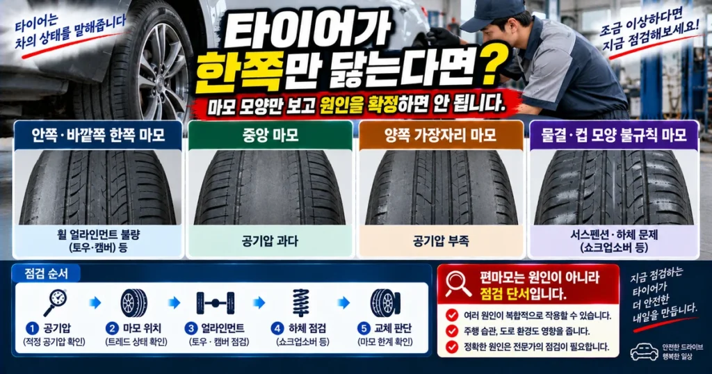타이어 편마모 안쪽 바깥쪽 중앙 양쪽 가장자리 마모 원인 비교