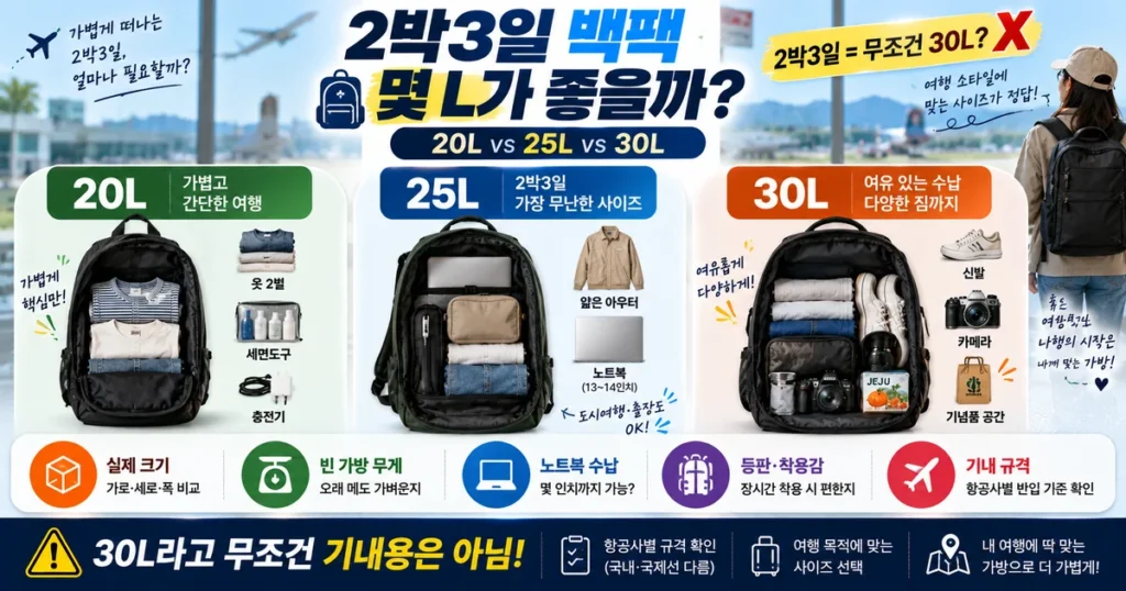 2박3일 여행용 백팩 20L 25L 30L 기내용 백팩 노트북 캐리어 결합 비교