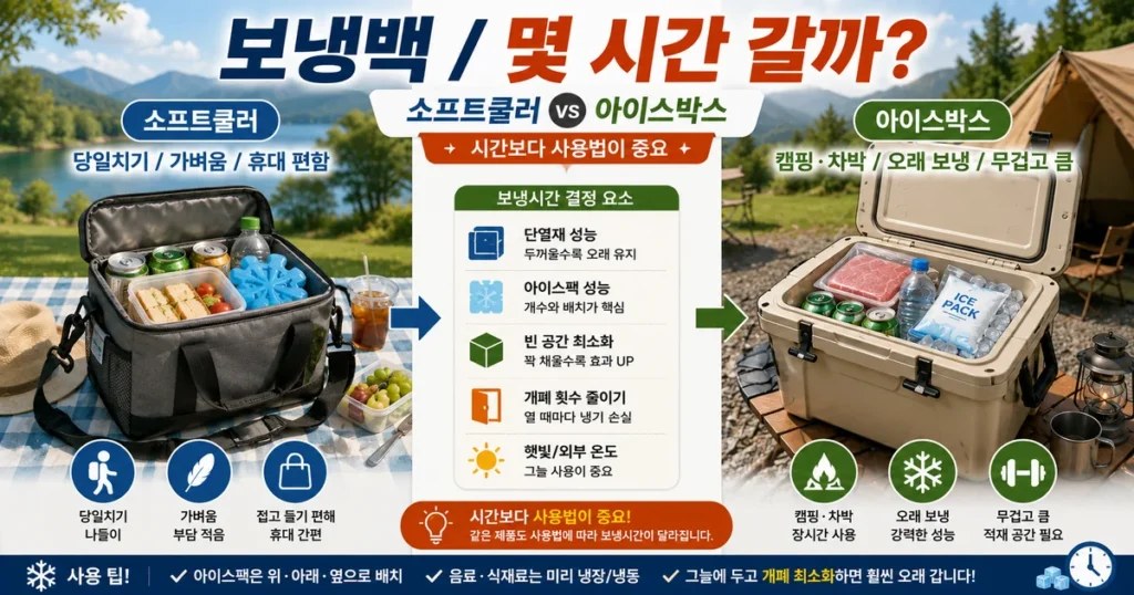 여행용 보냉백 소프트쿨러 아이스박스 보냉시간 당일치기 캠핑 비교